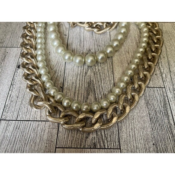Chunky Chain Faux Pearl Necklace Fashion Jewelry Multi Layered Gold Tone - Picture 2 of 6